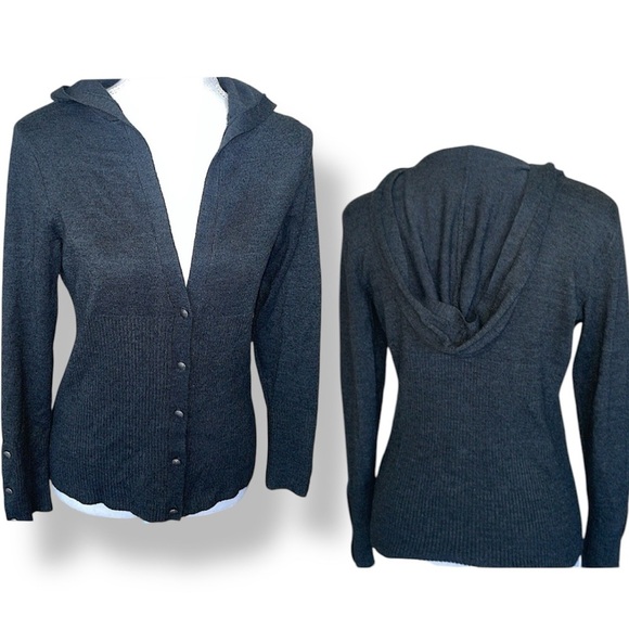Sporty Charcoal Gray Knit Hooded Cardigan Button Front Sweater Ribbed Trim Sz S - Picture 1 of 13